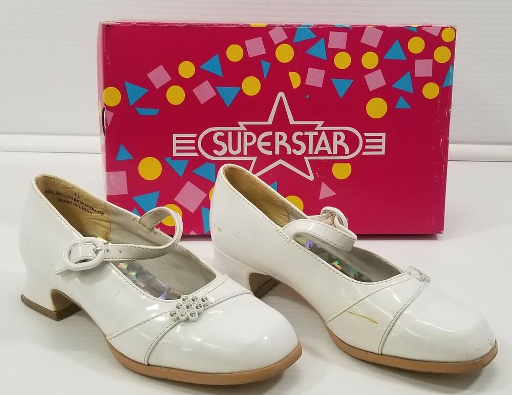 *D) Vintage Superstar Kid Girl's White Low Heel Strap Shoes 13